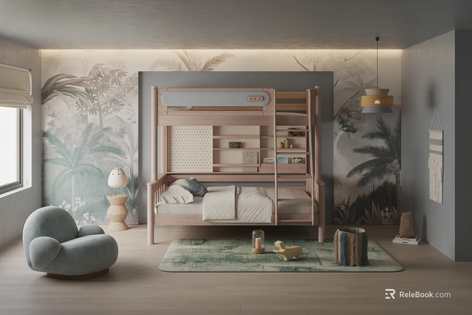 Kids Room Interior Design With Wooden Bunk Bed Palm Tree Mural And Light Blue Armchair 3d model 