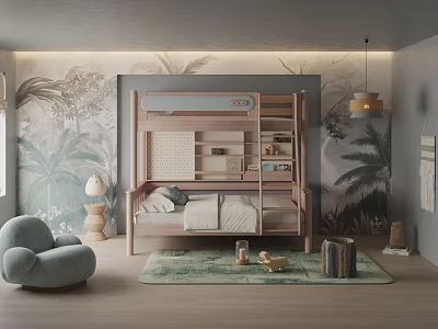 Kids Room Interior Design With Wooden Bunk Bed Palm Tree Mural And Light Blue Armchair 3d model