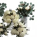 Decorative Ornamental Set With White Peony Bouquets Glass Vases And Eucalyptus Leaves On White Shelf