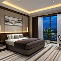 Modern Hotel Guest Room With King Bed White Pillows Desk And Decorative Paintings