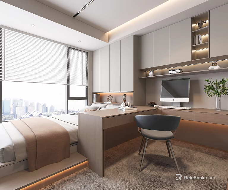 Modern Tatami Bedroom Interior With Tatami Bed Desk Computer Cabinets Window And City View 3d model 
