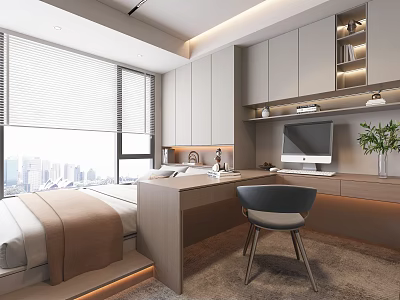 Modern Tatami Bedroom Interior With Tatami Bed Desk Computer Cabinets Window And City View 3d model