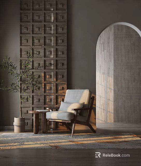 Modern Single Seater Sofa With Wooden Frame Light Gray Cushion Side Table And Olive Plant 3d model 