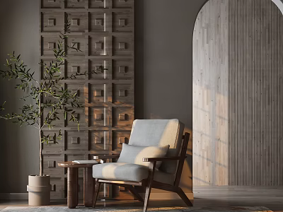 Modern Single Seater Sofa With Wooden Frame Light Gray Cushion Side Table And Olive Plant 3d model