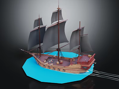 Wooden Sailing Ship With Black Sails And Multi Mast On Blue Water Surface 3d model