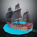Wooden Sailing Ship With Black Sails And Multi Mast On Blue Water Surface