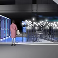 Modern Public Office Space with Wooden Accent Wall Blue Lighting Balloon Decorations and Display Sign