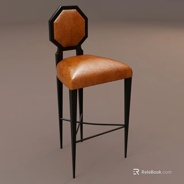 Stylish Bar Stool With Brown Leather Seat Backrest And Black Metal Frame 3d model 