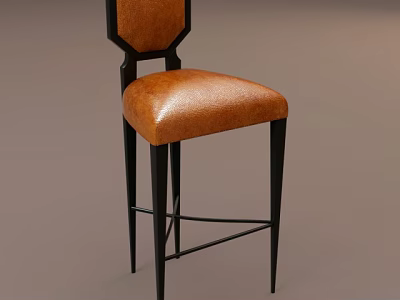 Stylish Bar Stool With Brown Leather Seat Backrest And Black Metal Frame 3d model