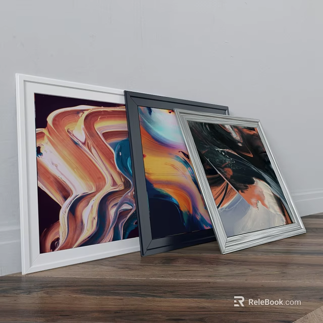 Framed Abstract Paintings With Flowing Colors Blended Hues And Dynamic Textures In White Black Silver Frames 3d model 