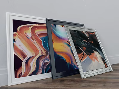 Framed Abstract Paintings With Flowing Colors Blended Hues And Dynamic Textures In White Black Silver Frames 3d model