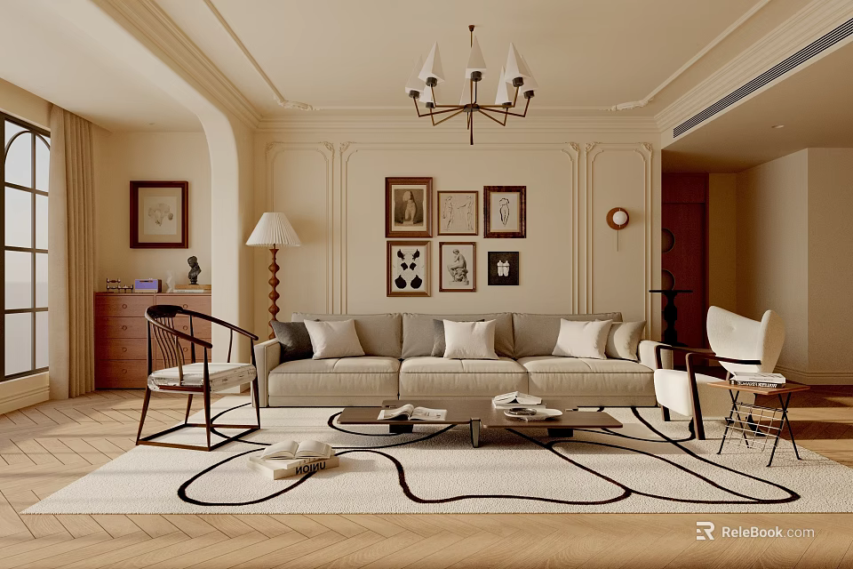Elegant Living Room Interior With Beige Sofa Coffee Table And Framed Artworks On Wooden Floor 3d model 