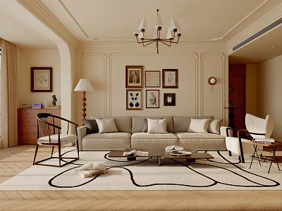 Elegant Living Room Interior With Beige Sofa Coffee Table And Framed Artworks On Wooden Floor 3d model