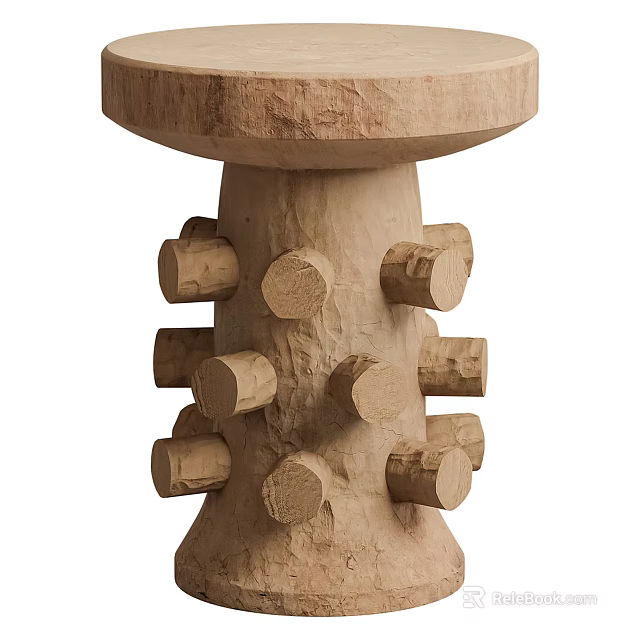 Wooden Side Table With Rustic Log Design And Cylindrical Knob Details 3d model 
