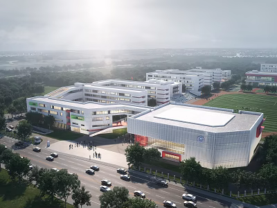 Modern School Campus Buildings With Sports Field Green Trees And Sunlight 3d model