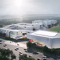 Modern School Campus Buildings With Sports Field Green Trees And Sunlight