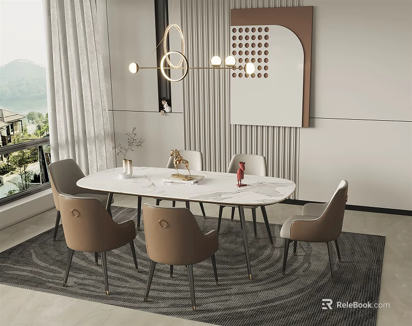 Modern Dining Table Set With Marble Top Beige Chairs And Pendant Light 3d model