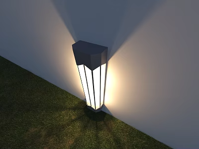 Modern Outdoor Wall Light With Translucent Panels Illuminating Grass And Wall 3d model