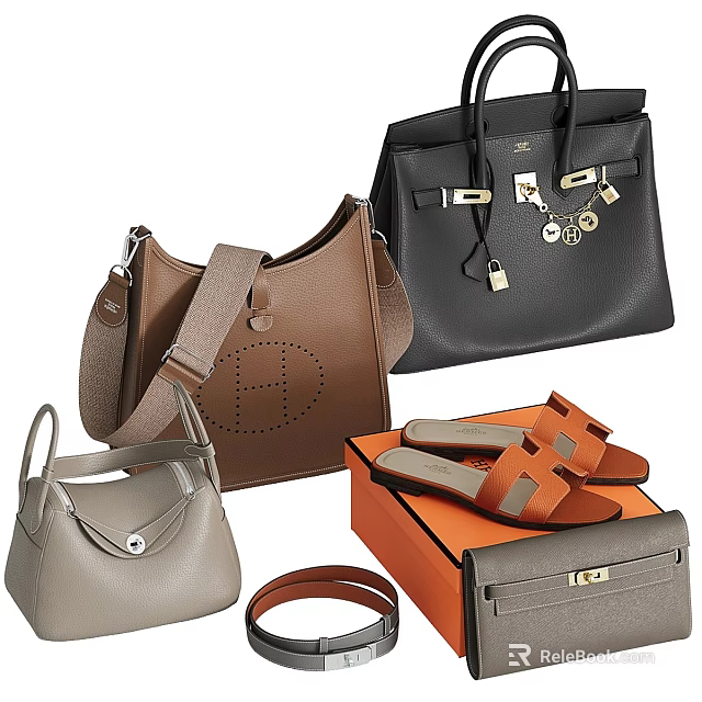 Stylish Leather Bags And Cases With Brown Black Gray Designs And Orange Box 3d model 
