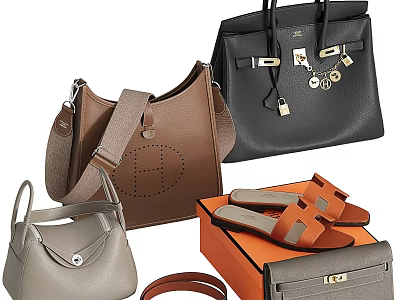 Stylish Leather Bags And Cases With Brown Black Gray Designs And Orange Box 3d model