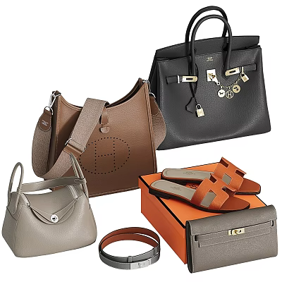 Stylish Leather Bags And Cases With Brown Black Gray Designs And Orange Box 3d model
