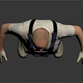 A man wearing blue overalls white T-shirt white gloves and knee pads against gray background