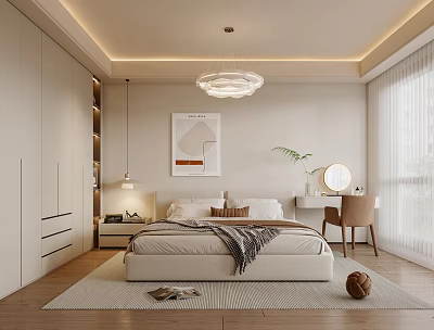 Modern Bedroom Interior With Bed Hanging Chandelier Wardrobe Dressing Table Mirror And Plant 3d model