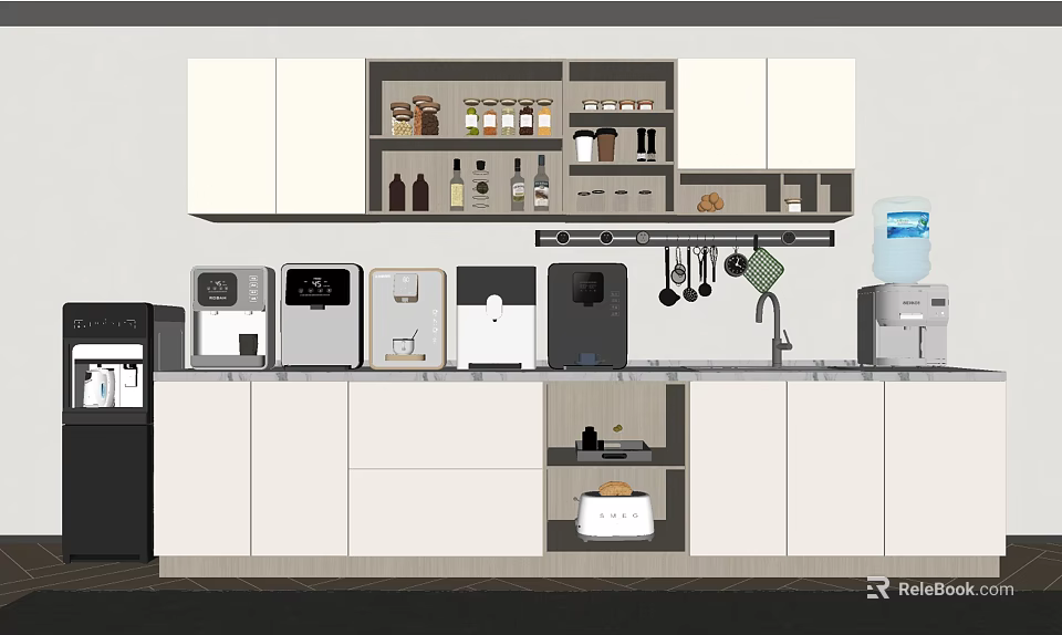 Modern Kitchen With Daily Appliances Coffee Maker Refrigerator Water Dispenser And Cabinets 3d model 