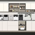 Modern Kitchen With Daily Appliances Coffee Maker Refrigerator Water Dispenser And Cabinets