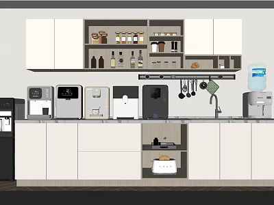 Modern Kitchen With Daily Appliances Coffee Maker Refrigerator Water Dispenser And Cabinets 3d model