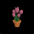 Fresh Pink Tulips in Yellow Pot with Green Stems and Leaves
