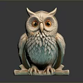 Owl Sculpture With Blue Green Feathers And Yellow Eyes Clutching Branch On Dark Background