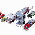 Assorted Red Yellow Utility Vehicles With Ladders And Rescue Equipment 3d model