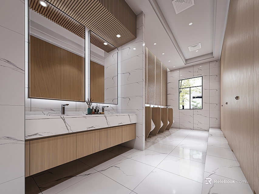 Modern Bathroom Interior With Wooden Cabinets Marble Sinks And Mirrors 3d model 