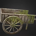 Vintage Wooden Cart With Mossy Surface And Large Spoked Wheel Design