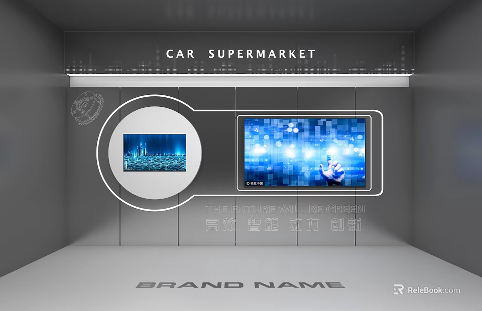 Tech Exhibition Hall With Digital Screens Interactive Displays And Car Supermarket Features 3d model 