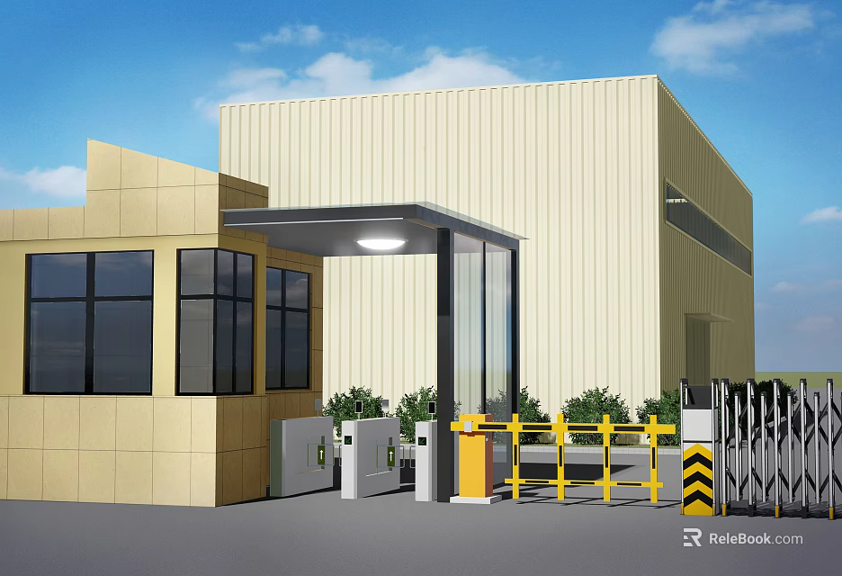 Entrance Gate With Security Booth Barrier Gate And Yellow Industrial Building Under Blue Sky 3d model 