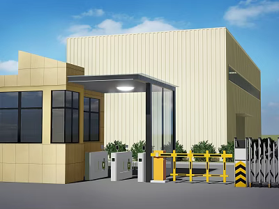 Entrance Gate With Security Booth Barrier Gate And Yellow Industrial Building Under Blue Sky 3d model