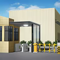 Entrance Gate With Security Booth Barrier Gate And Yellow Industrial Building Under Blue Sky