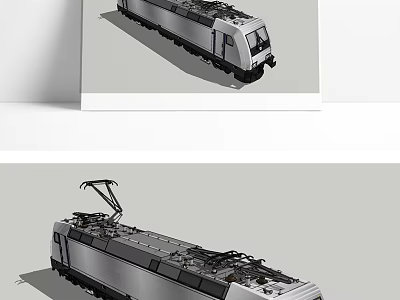 Modern Electric Train With Metallic Locomotive Engine And Pantograph On Railway Track 3d model