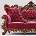 Red Velvet Three Seater Sofa With Ornate Carved Wood Frame And Armchairs