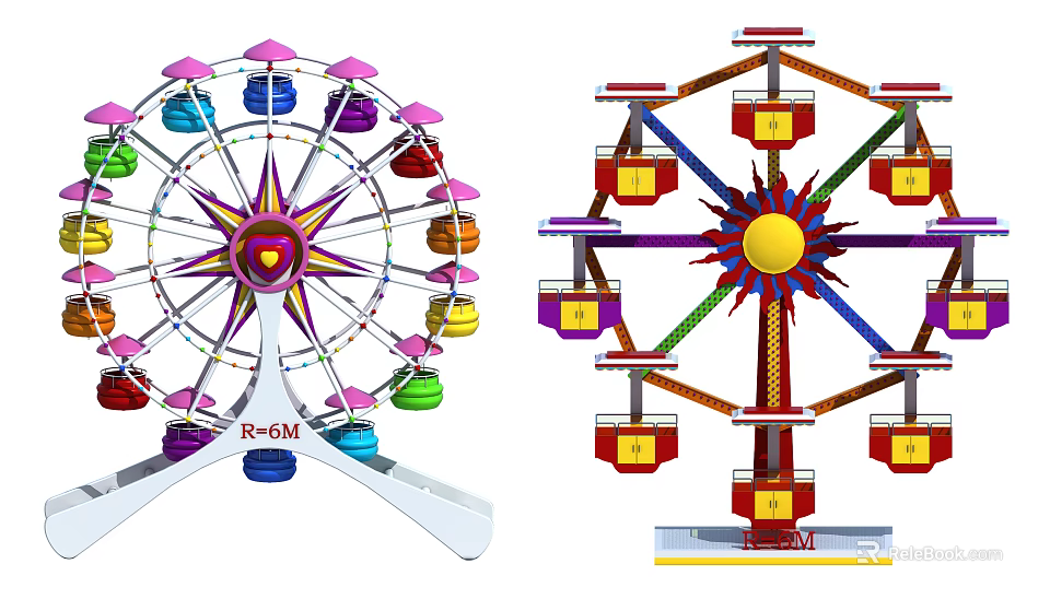 Two Ferris Wheels With Colorful Cabins Different Designs R64 And F28 Models 3d model 