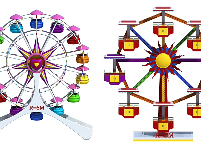 Two Ferris Wheels With Colorful Cabins Different Designs R64 And F28 Models 3d model