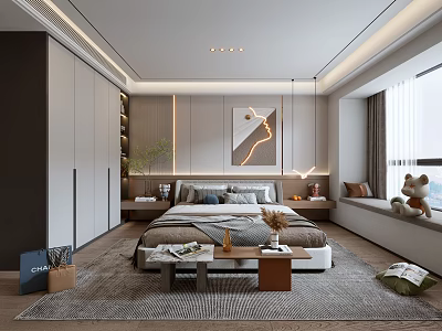 Modern Bedroom Interior Design With Comfortable Bed Nightstands Wall Art Window Curtains And Area Rug 3d model