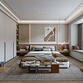 Modern Bedroom Interior Design With Comfortable Bed Nightstands Wall Art Window Curtains And Area Rug