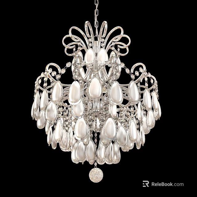 Ornate Silver Frame Chandelier With Pearl Pendants And Multi Layer Crystal Design 3d model 