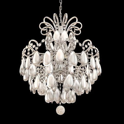 Ornate Silver Frame Chandelier With Pearl Pendants And Multi Layer Crystal Design 3d model