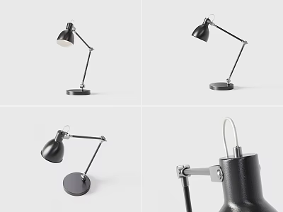 Black Adjustable Arm Table Lamp with Round Metal Base Showcased in Multiple Angles 3d model