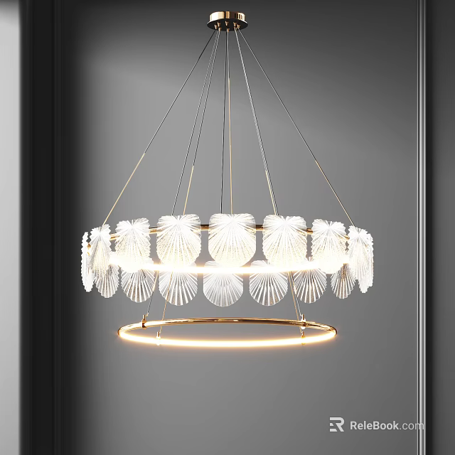 Modern Luxury Circular Shell Shaped Chandelier with Golden Metal Frame and White Lampshades 3d model 