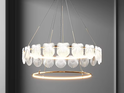 Modern Luxury Circular Shell Shaped Chandelier with Golden Metal Frame and White Lampshades 3d model
